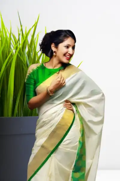Pure Cotton Kerala Saree with Blue Krishna Block Printed Border (Onam –  Southloom.com
